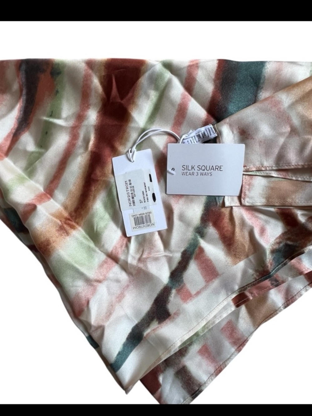 Nordstrom Silk Square Scarf – Abstract Earth Tone Print 3 ways boho vides